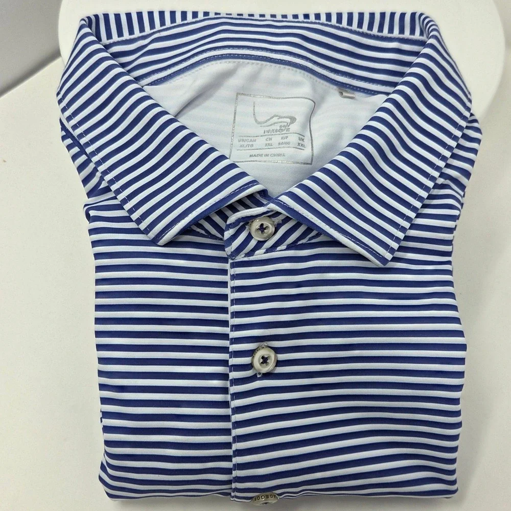 EAGEGOF Polo Shirt Men XL Short Sleeve Striped Blue White Stretch Button-Down